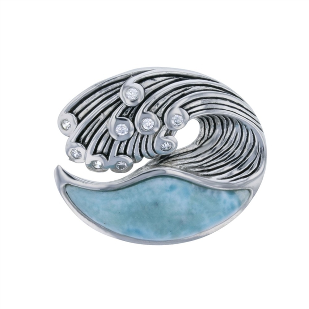 925 Sterling  Silver Larimar Ocean Wave CZ Pendant  4.8 gm